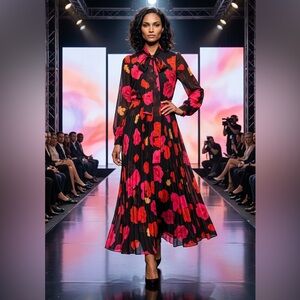 Sunfere Black Sheer Maxi Dress with Red & Pink Floral Print